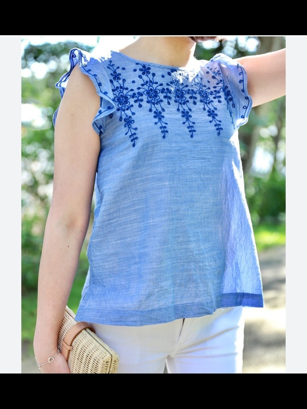 LOFT Light Blue Embroidered Ruffle Sleeve Camisole